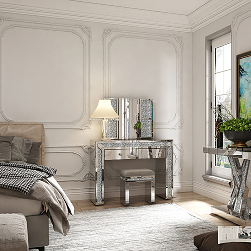 رائجة البيع تصاميم حديثة لغرفة النوم منضدة الزينة مع مرآة ومقعد فضية فاخرة منضدة الزينة