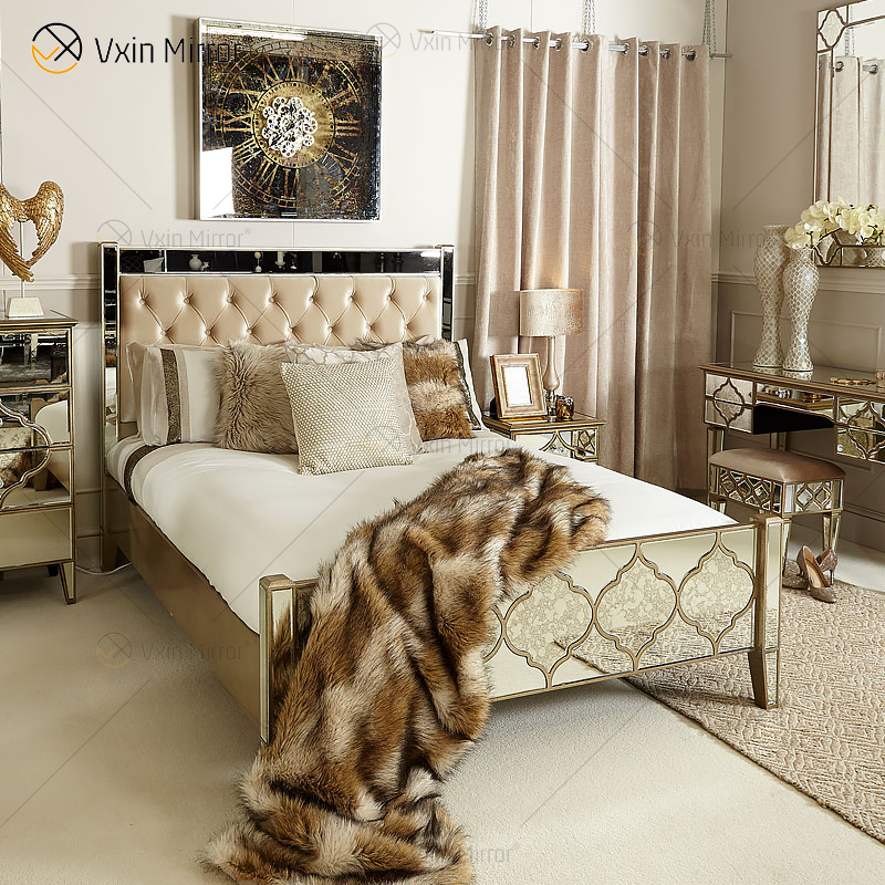 Vxin Antique Furniture WXWF-1088 King Bed Grace Golden Frame Mirrored Super Bed