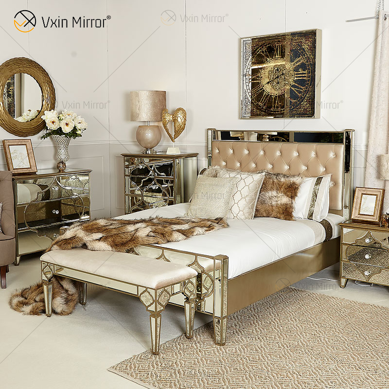Vxin Antique Furniture WXWF-1088 King Bed Grace Golden Frame Mirrored Super Bed