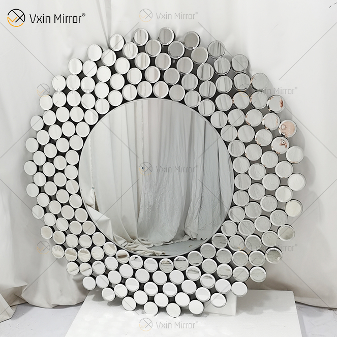 بساطة حديثة فضية مستديرة WXM-2239 شكل هندسي بالحجم الكامل مرآة زجاجية للحائط المزخرف