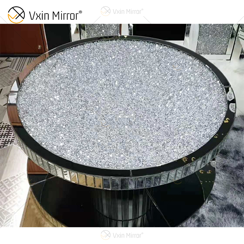 Vxin WXF-270-1 3D طاولة قهوة مستديرة متألقة مرصعة بالألماس ومكسوة بمرآة فضية مغطاة بالماس
