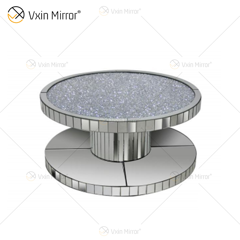 Vxin WXF-270-1 3D طاولة قهوة مستديرة متألقة مرصعة بالألماس ومكسوة بمرآة فضية مغطاة بالماس